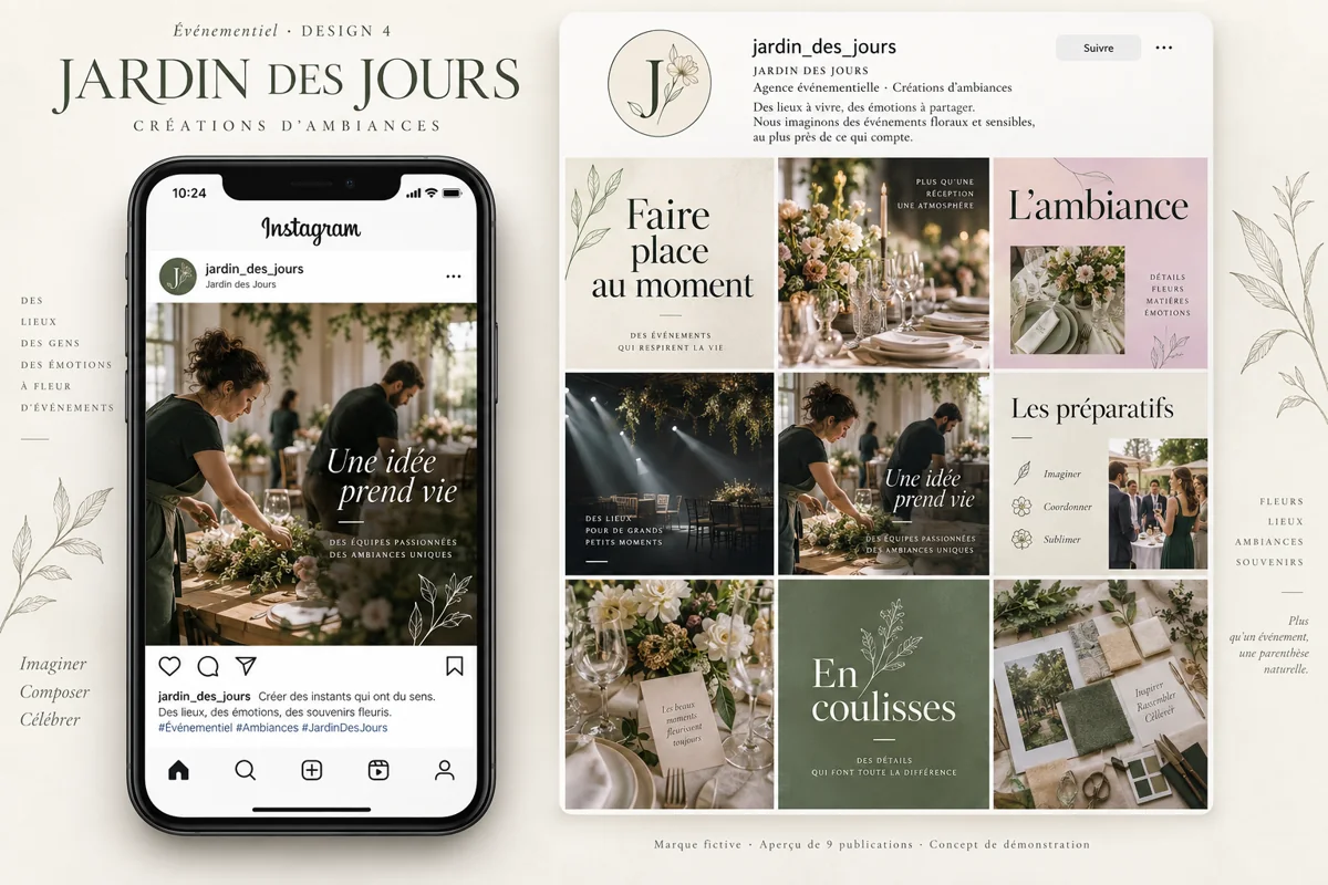 Exemple de l’univers JARDIN DES JOURS pour Événementiel : grille de neuf créations et aperçu sur téléphone