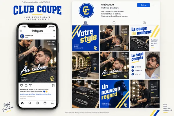 Exemple de l’univers CLUB COUPE pour Coiffeurs & barbiers : grille de neuf créations et aperçu sur téléphone