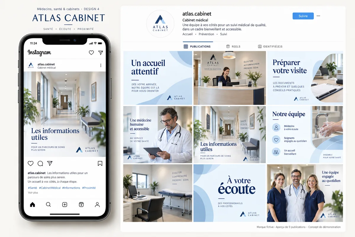 Exemple de l’univers ATLAS CABINET pour Médecins, santé & cabinets : grille de neuf créations et aperçu sur téléphone
