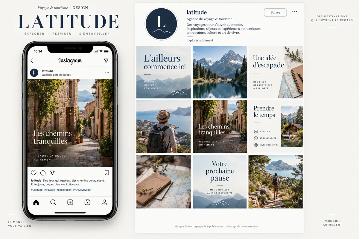 Exemple de l’univers LATITUDE pour Voyage & tourisme : grille de neuf créations et aperçu sur téléphone