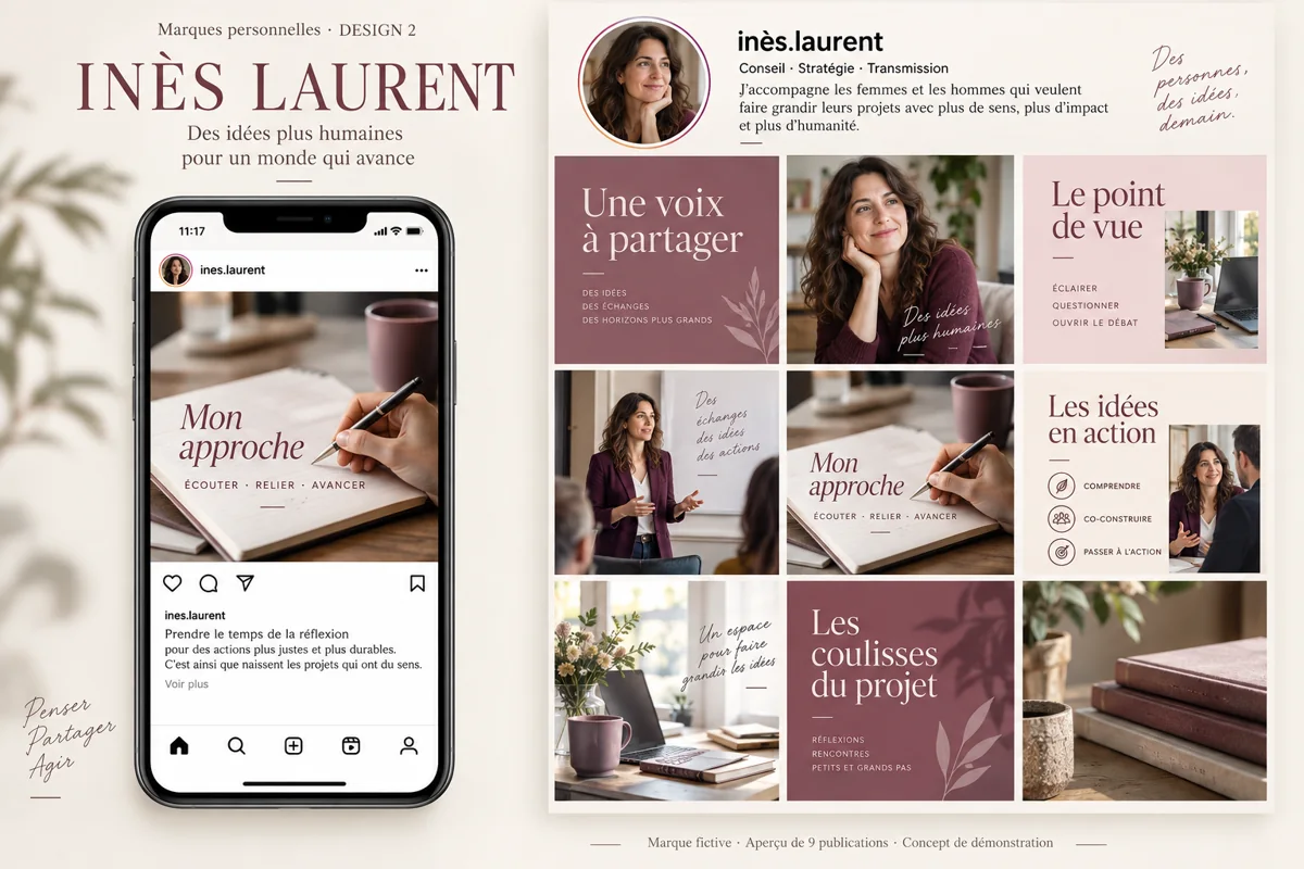 Exemple de l’univers INÈS LAURENT pour Marques personnelles : grille de neuf créations et aperçu sur téléphone