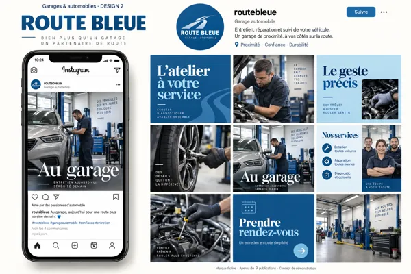 Exemple de l’univers ROUTE BLEUE pour Garages & automobiles : grille de neuf créations et aperçu sur téléphone