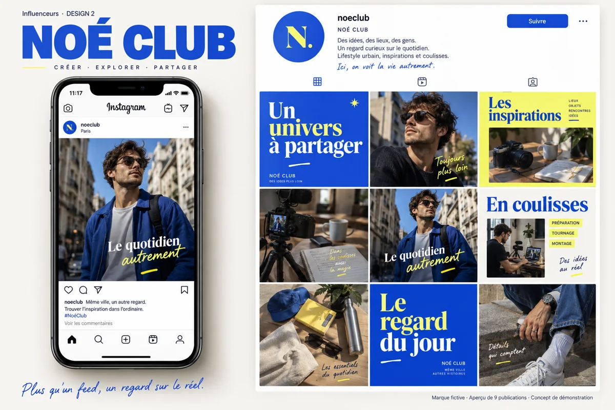 Exemple de l’univers NOÉ CLUB pour Influenceurs : grille de neuf créations et aperçu sur téléphone