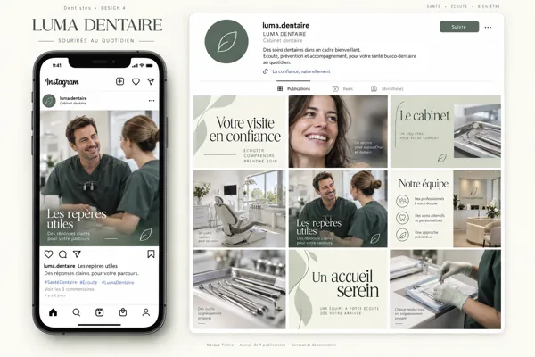 Exemple de l’univers LUMA DENTAIRE pour Dentistes : grille de neuf créations et aperçu sur téléphone