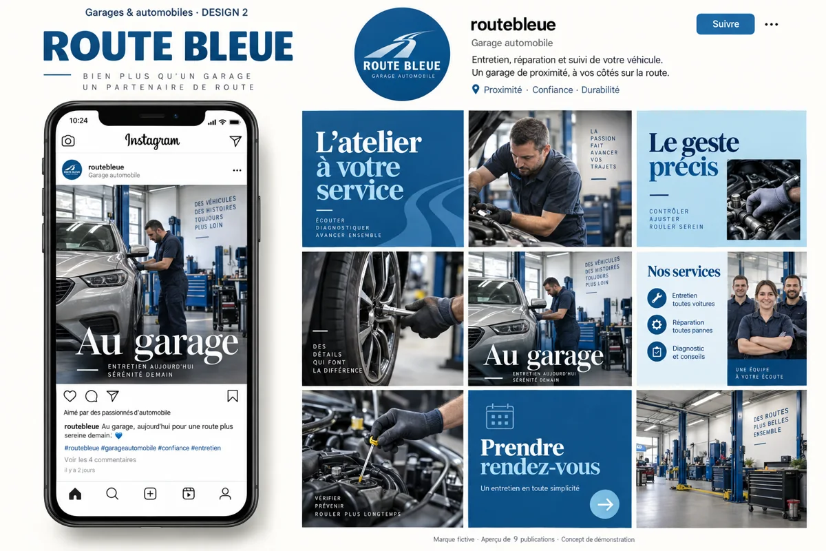 Exemple de l’univers ROUTE BLEUE pour Garages & automobiles : grille de neuf créations et aperçu sur téléphone