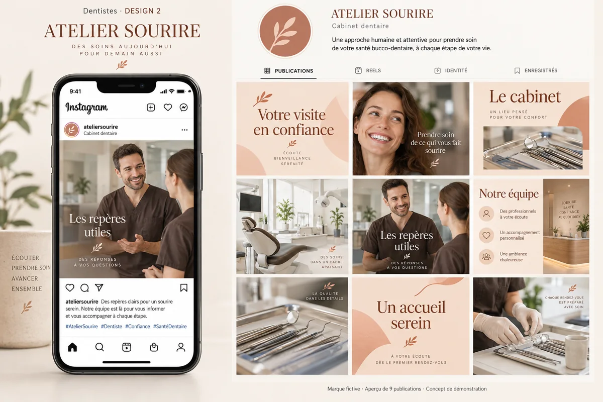 Exemple de l’univers ATELIER SOURIRE pour Dentistes : grille de neuf créations et aperçu sur téléphone