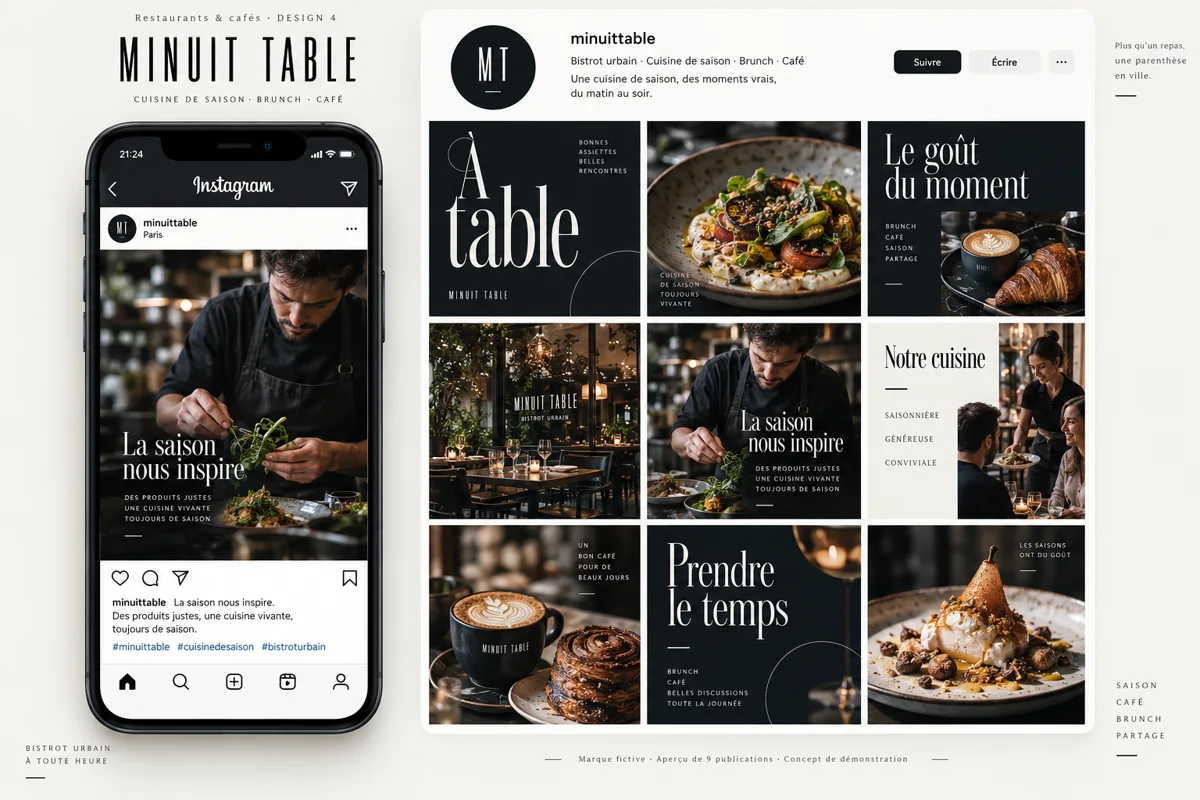 Exemple de l’univers MINUIT TABLE pour Restaurants & cafés : grille de neuf créations et aperçu sur téléphone