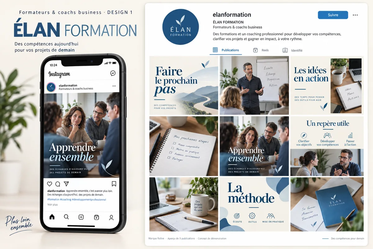 Exemple de l’univers ÉLAN FORMATION pour Formateurs & coachs business : grille de neuf créations et aperçu sur téléphone