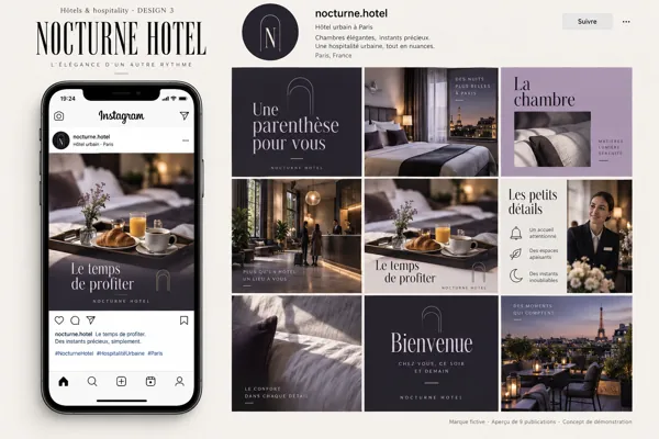 Exemple de l’univers NOCTURNE HOTEL pour Hôtels & hospitality : grille de neuf créations et aperçu sur téléphone
