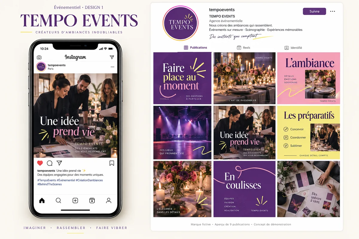 Exemple de l’univers TEMPO EVENTS pour Événementiel : grille de neuf créations et aperçu sur téléphone