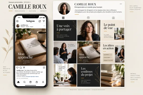 Exemple de l’univers CAMILLE ROUX pour Marques personnelles : grille de neuf créations et aperçu sur téléphone