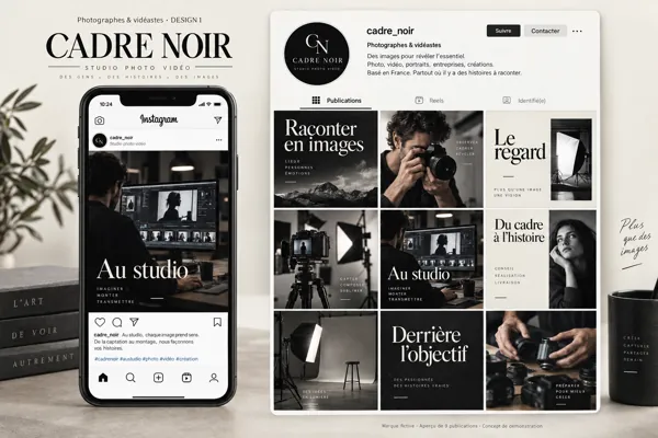 Exemple de l’univers CADRE NOIR pour Photographes & vidéastes : grille de neuf créations et aperçu sur téléphone