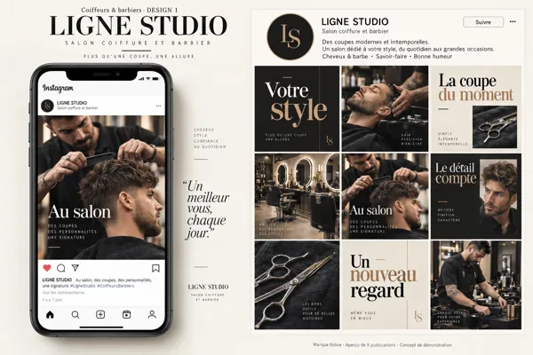 Exemple de l’univers LIGNE STUDIO pour Coiffeurs & barbiers : grille de neuf créations et aperçu sur téléphone