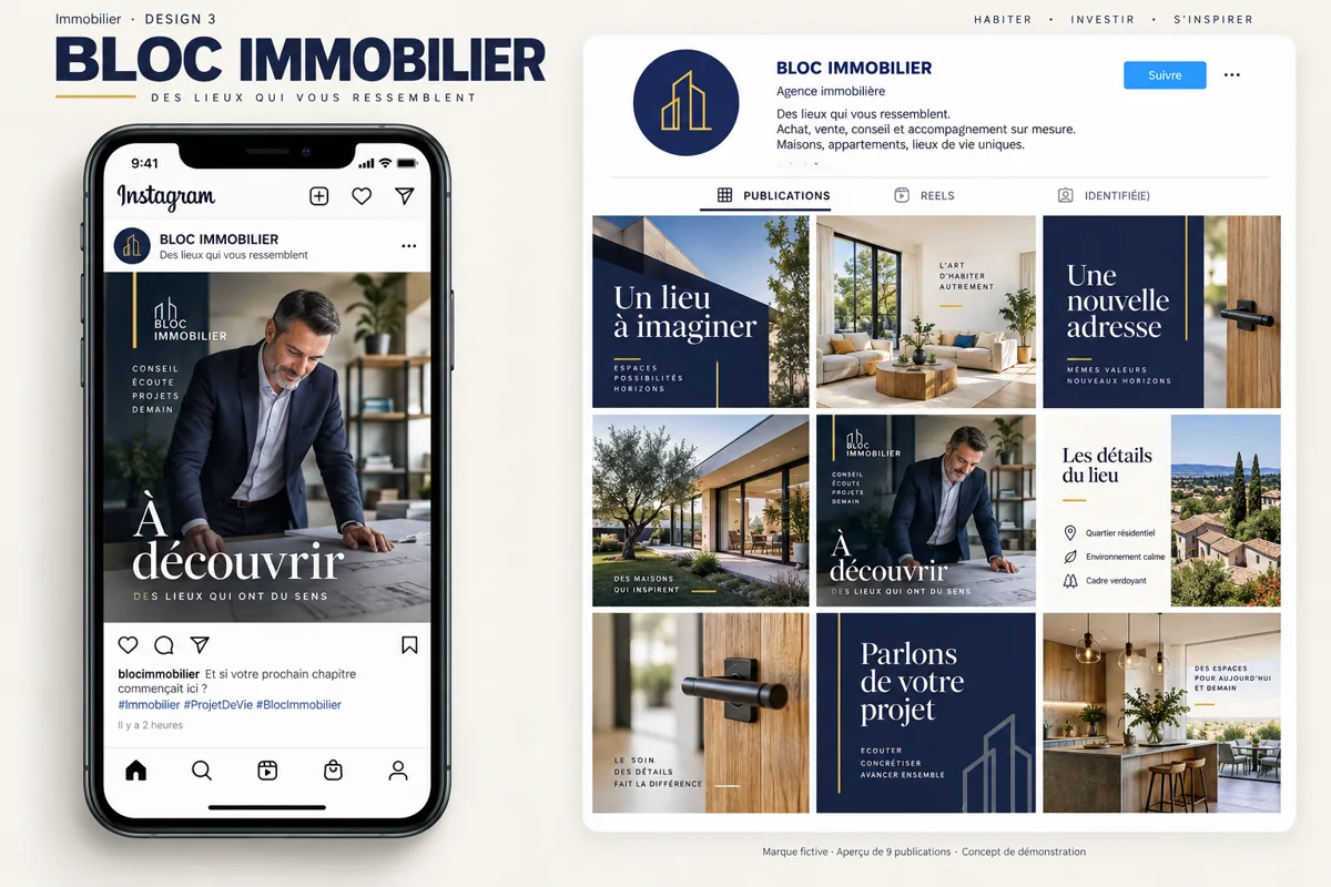 Exemple de l’univers BLOC IMMOBILIER pour Immobilier : grille de neuf créations et aperçu sur téléphone