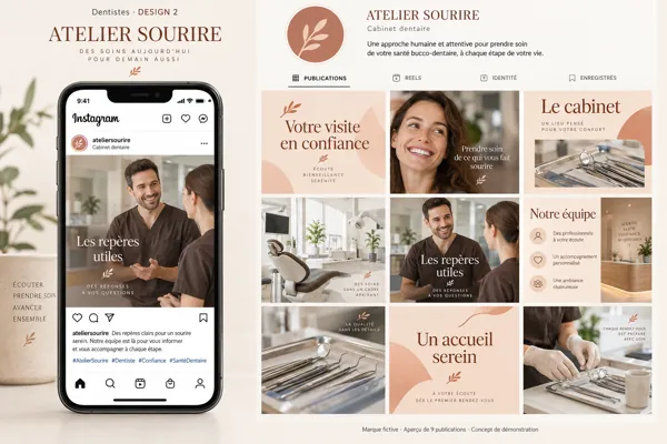 Exemple de l’univers ATELIER SOURIRE pour Dentistes : grille de neuf créations et aperçu sur téléphone