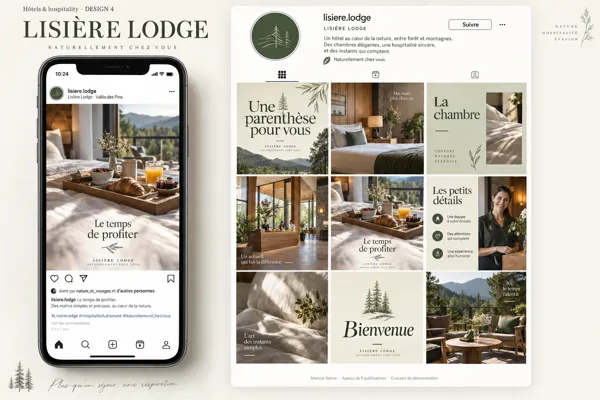 Exemple de l’univers LISIÈRE LODGE pour Hôtels & hospitality : grille de neuf créations et aperçu sur téléphone