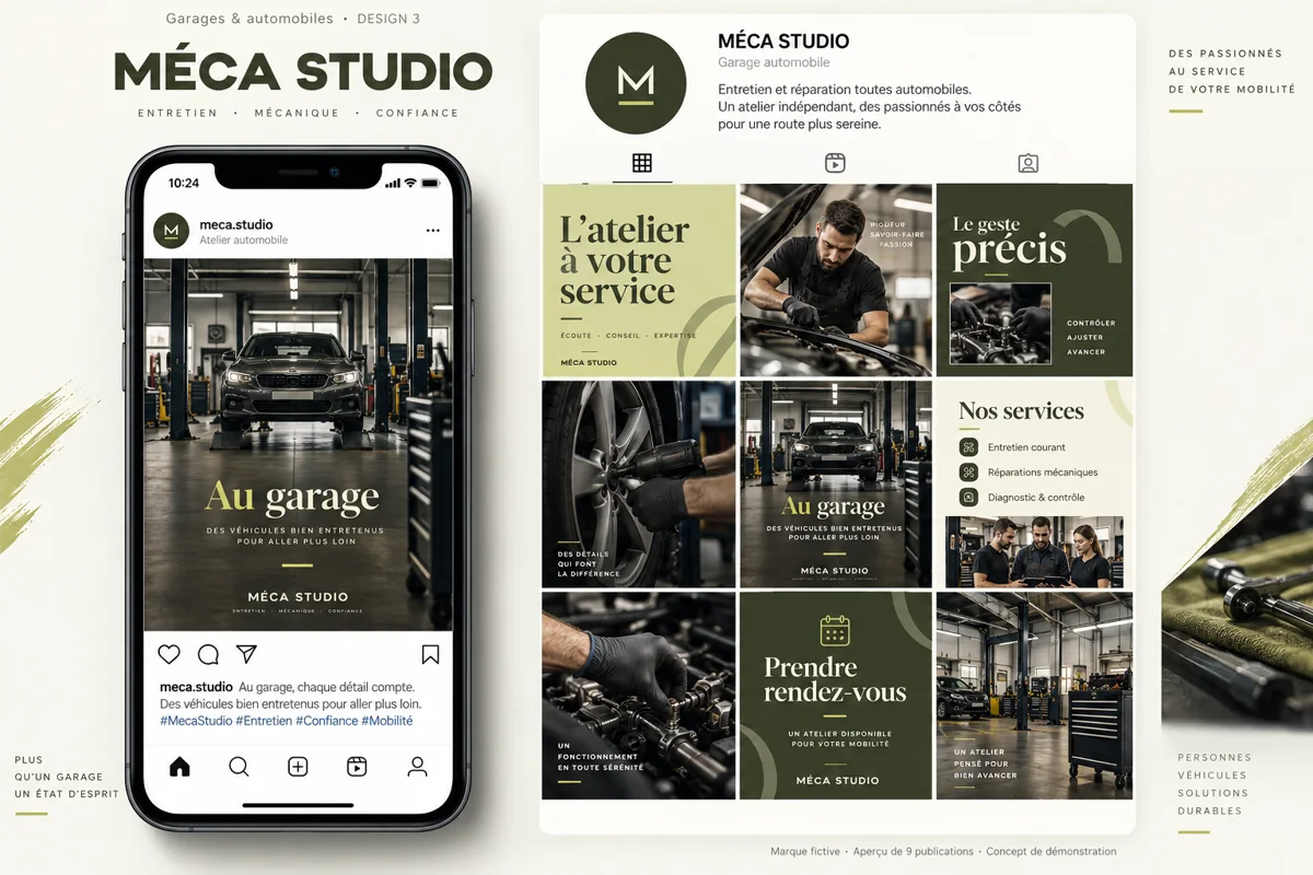 Exemple de l’univers MÉCA STUDIO pour Garages & automobiles : grille de neuf créations et aperçu sur téléphone