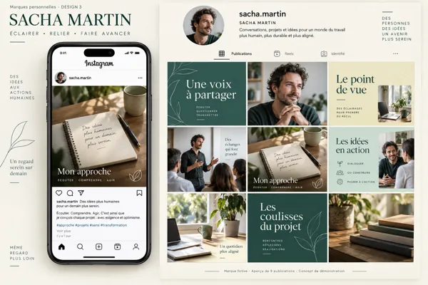 Exemple de l’univers SACHA MARTIN pour Marques personnelles : grille de neuf créations et aperçu sur téléphone