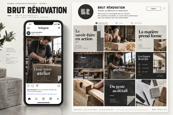 Exemple de l’univers BRUT RÉNOVATION pour Artisans, construction & rénovation : grille de neuf créations et aperçu sur téléphone