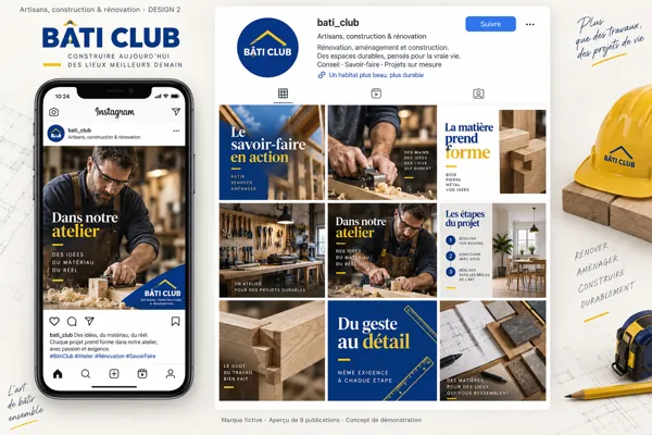 Exemple de l’univers BÂTI CLUB pour Artisans, construction & rénovation : grille de neuf créations et aperçu sur téléphone
