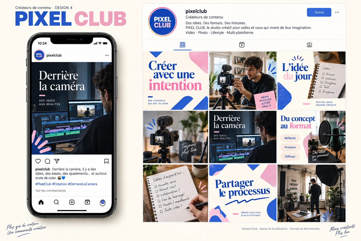 Exemple de l’univers PIXEL CLUB pour Créateurs de contenu : grille de neuf créations et aperçu sur téléphone