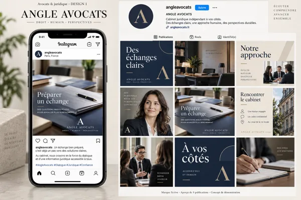 Exemple de l’univers ANGLE AVOCATS pour Avocats & juridique : grille de neuf créations et aperçu sur téléphone