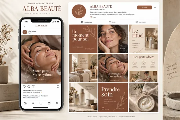 Exemple de l’univers ALBA BEAUTÉ pour Beauté & esthétique : grille de neuf créations et aperçu sur téléphone
