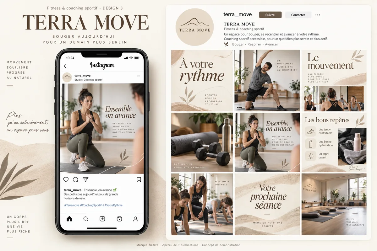 Exemple de l’univers TERRA MOVE pour Fitness & coaching sportif : grille de neuf créations et aperçu sur téléphone