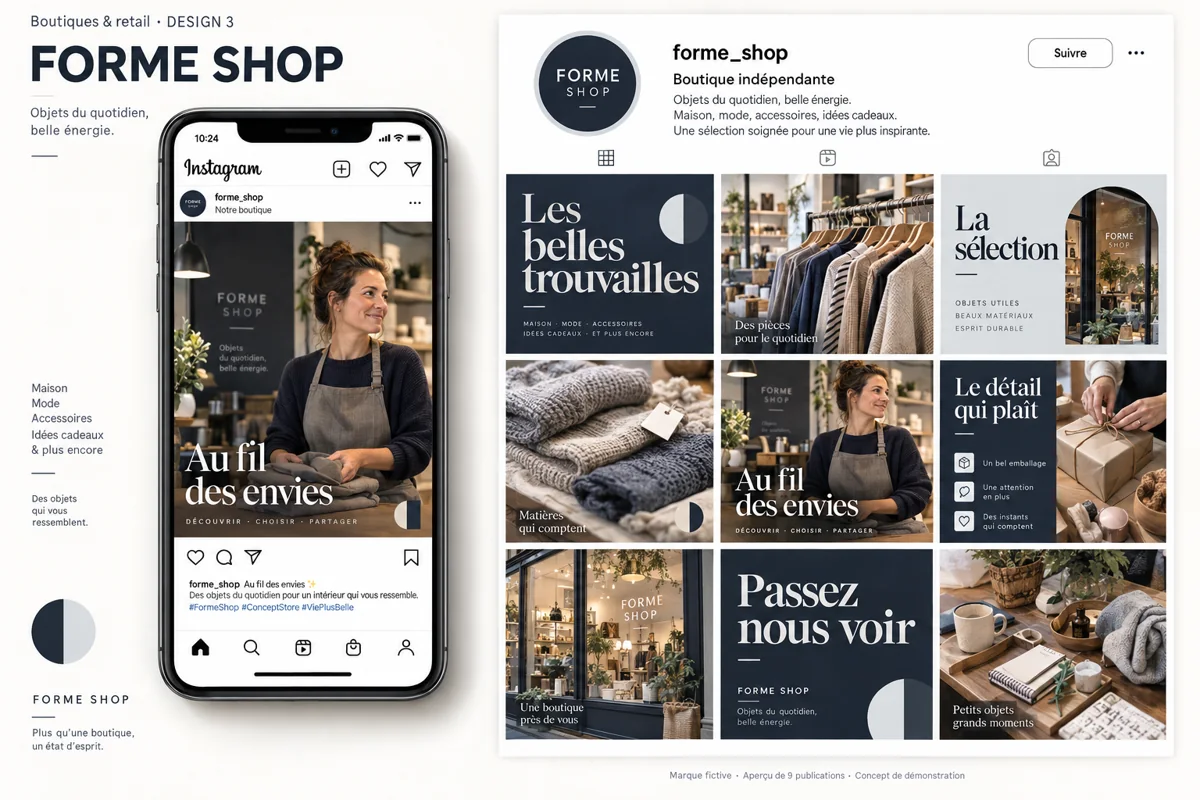 Exemple de l’univers FORME SHOP pour Boutiques & retail : grille de neuf créations et aperçu sur téléphone