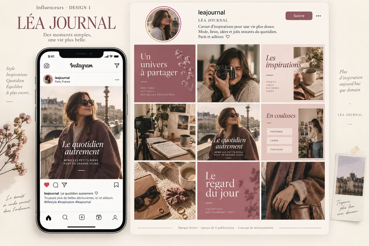 Exemple de l’univers LÉA JOURNAL pour Influenceurs : grille de neuf créations et aperçu sur téléphone