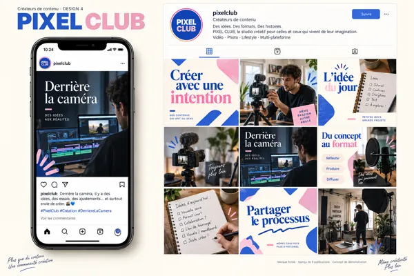Exemple de l’univers PIXEL CLUB pour Créateurs de contenu : grille de neuf créations et aperçu sur téléphone
