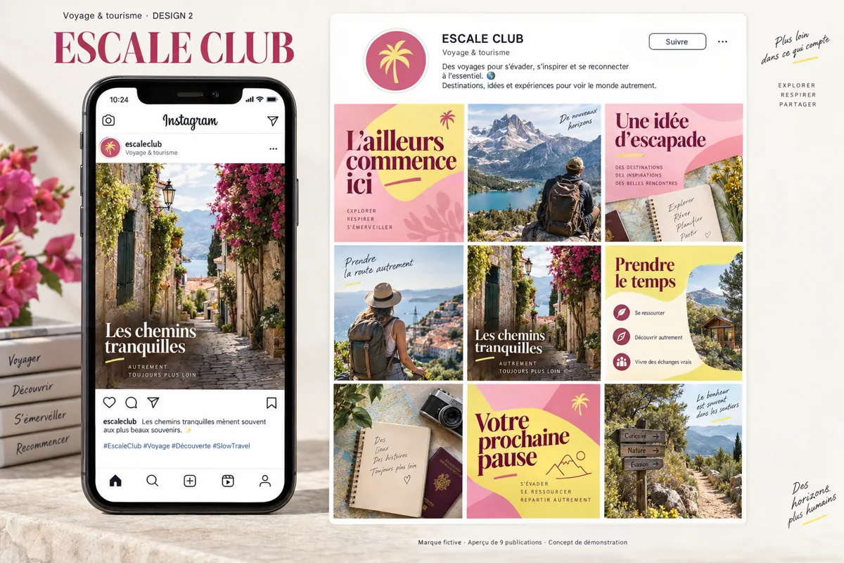 Exemple de l’univers ESCALE CLUB pour Voyage & tourisme : grille de neuf créations et aperçu sur téléphone