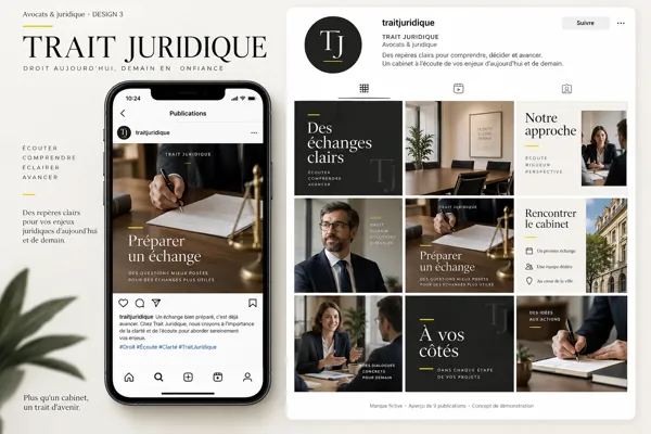 Exemple de l’univers TRAIT JURIDIQUE pour Avocats & juridique : grille de neuf créations et aperçu sur téléphone