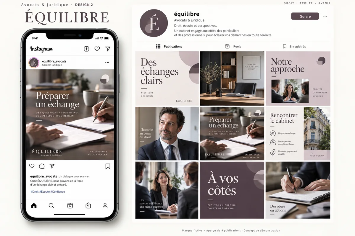 Exemple de l’univers ÉQUILIBRE pour Avocats & juridique : grille de neuf créations et aperçu sur téléphone