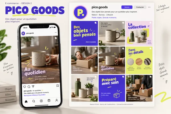 Exemple de l’univers PICO GOODS pour E-commerce : grille de neuf créations et aperçu sur téléphone