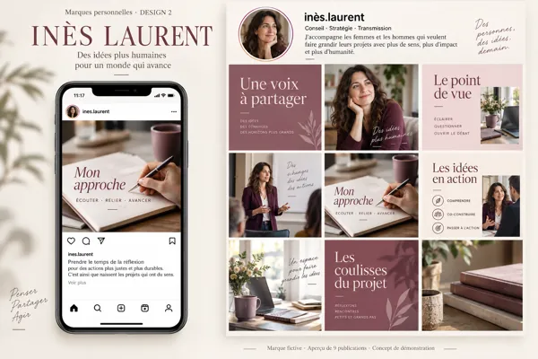 Exemple de l’univers INÈS LAURENT pour Marques personnelles : grille de neuf créations et aperçu sur téléphone