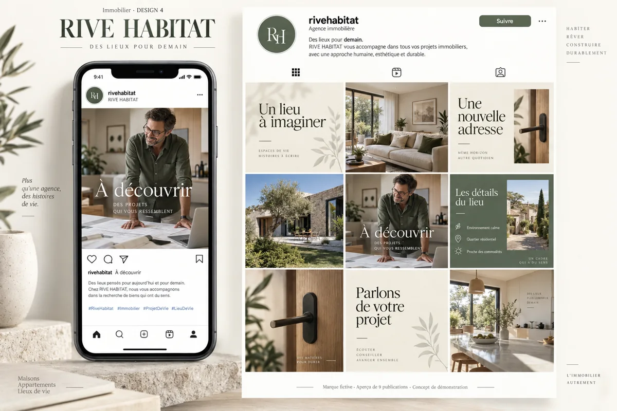 Exemple de l’univers RIVE HABITAT pour Immobilier : grille de neuf créations et aperçu sur téléphone