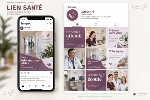 Exemple de l’univers LIEN SANTÉ pour Médecins, santé & cabinets : grille de neuf créations et aperçu sur téléphone