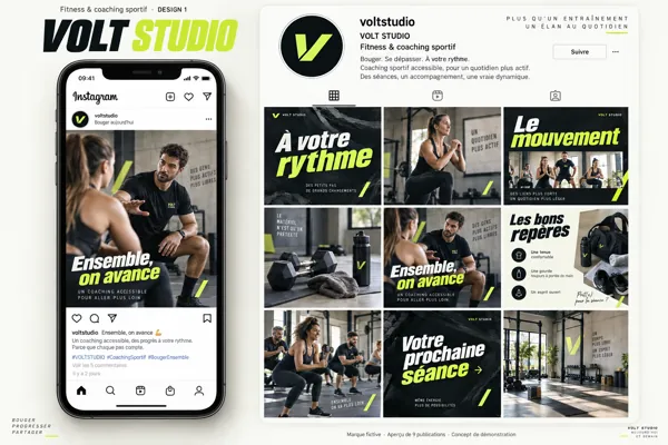 Exemple de l’univers VOLT STUDIO pour Fitness & coaching sportif : grille de neuf créations et aperçu sur téléphone