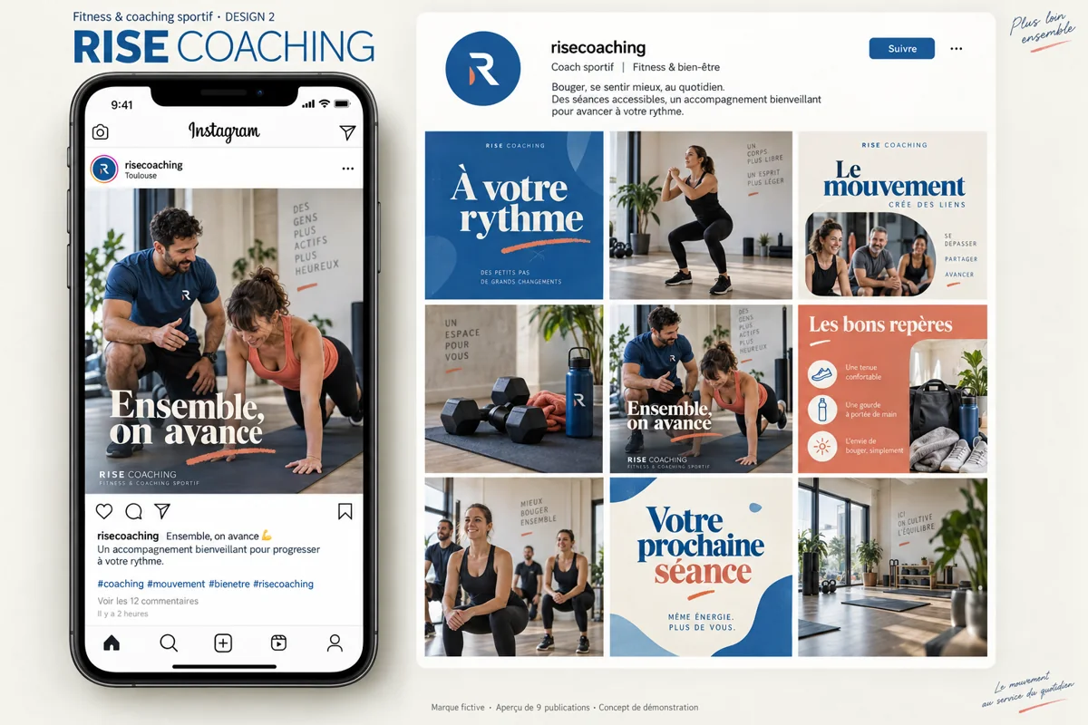 Exemple de l’univers RISE COACHING pour Fitness & coaching sportif : grille de neuf créations et aperçu sur téléphone