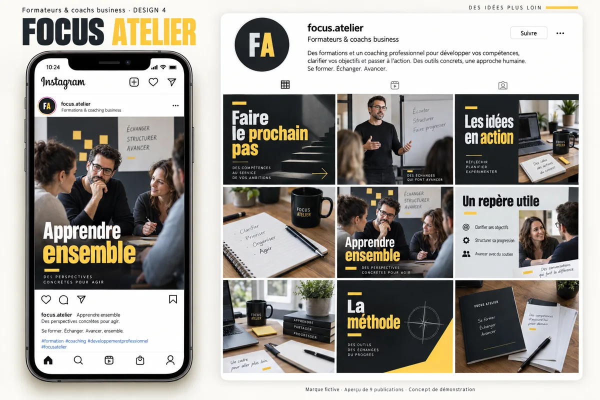 Exemple de l’univers FOCUS ATELIER pour Formateurs & coachs business : grille de neuf créations et aperçu sur téléphone