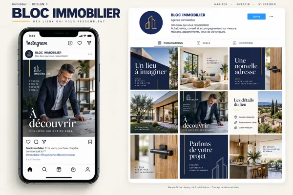Exemple de l’univers BLOC IMMOBILIER pour Immobilier : grille de neuf créations et aperçu sur téléphone