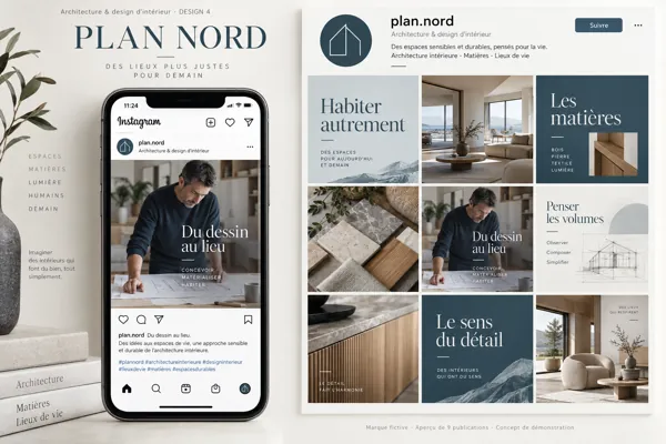 Exemple de l’univers PLAN NORD pour Architecture & design d’intérieur : grille de neuf créations et aperçu sur téléphone
