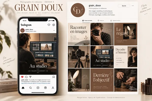 Exemple de l’univers GRAIN DOUX pour Photographes & vidéastes : grille de neuf créations et aperçu sur téléphone