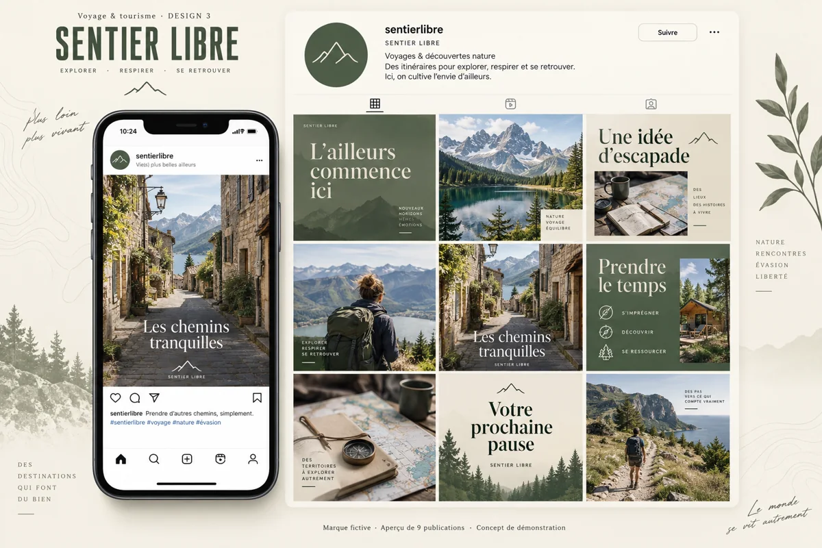 Exemple de l’univers SENTIER LIBRE pour Voyage & tourisme : grille de neuf créations et aperçu sur téléphone