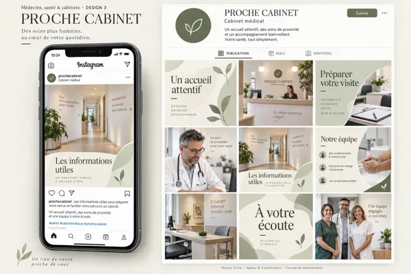 Exemple de l’univers PROCHE CABINET pour Médecins, santé & cabinets : grille de neuf créations et aperçu sur téléphone