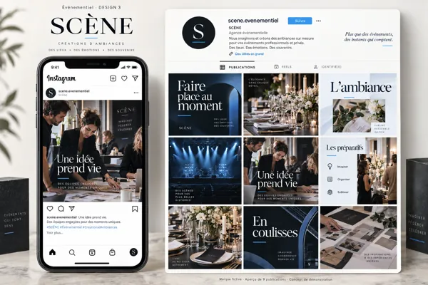 Exemple de l’univers SCÈNE pour Événementiel : grille de neuf créations et aperçu sur téléphone