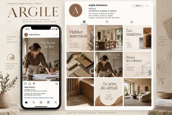 Exemple de l’univers ARGILE pour Architecture & design d’intérieur : grille de neuf créations et aperçu sur téléphone