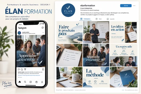 Exemple de l’univers ÉLAN FORMATION pour Formateurs & coachs business : grille de neuf créations et aperçu sur téléphone