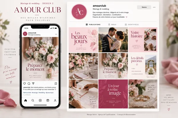 Exemple de l’univers AMOUR CLUB pour Mariage & wedding : grille de neuf créations et aperçu sur téléphone